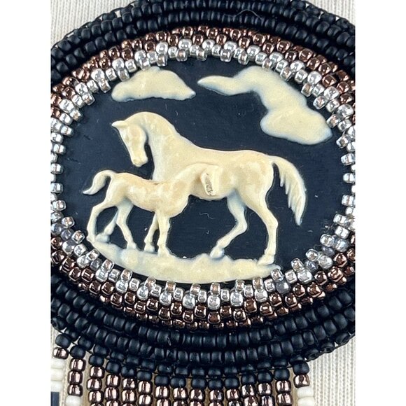 Handcrafted Beaded Necklace Horse Cameo Seed Bead Fringe Tassels - Picture 3 of 9